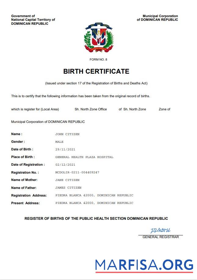 Printable Dominican Republic birth certificate Word and PDF template